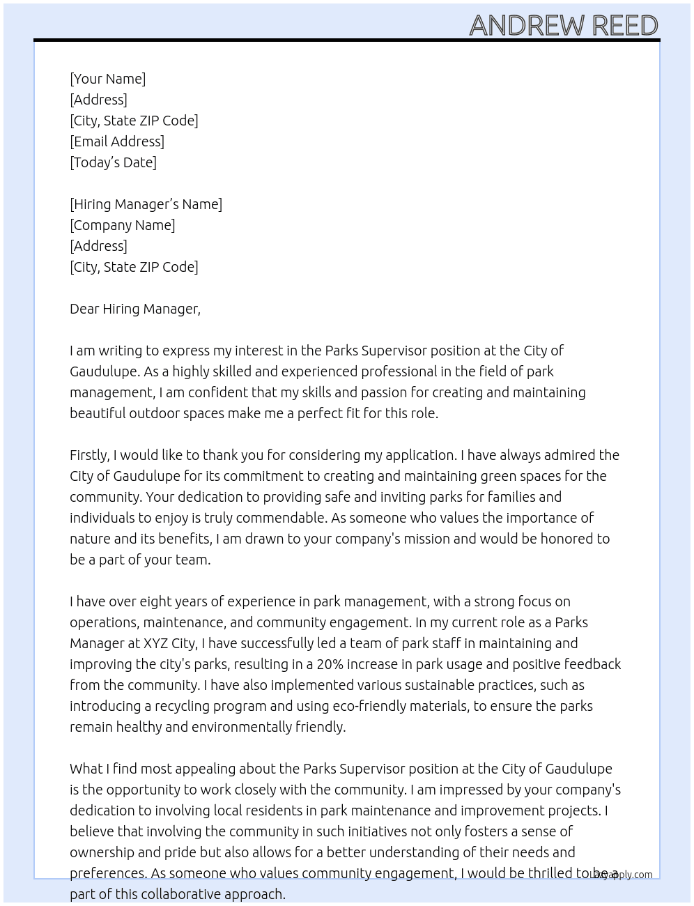 parks supervisor At city of gaudulupe Cover Letter