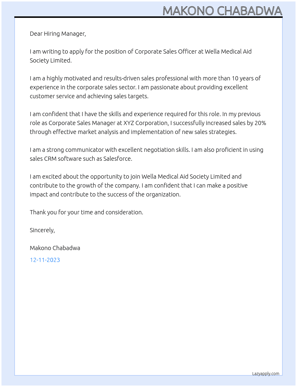 Corporate Sales Officer At Wella Medical Aid Society Limited  Cover Letter