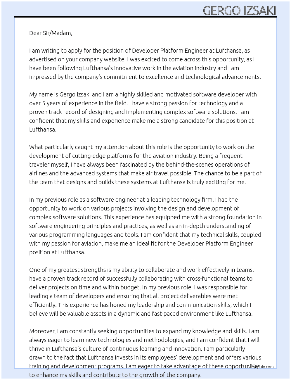 Developer Platform Engineer At Lufthansa Cover Letter