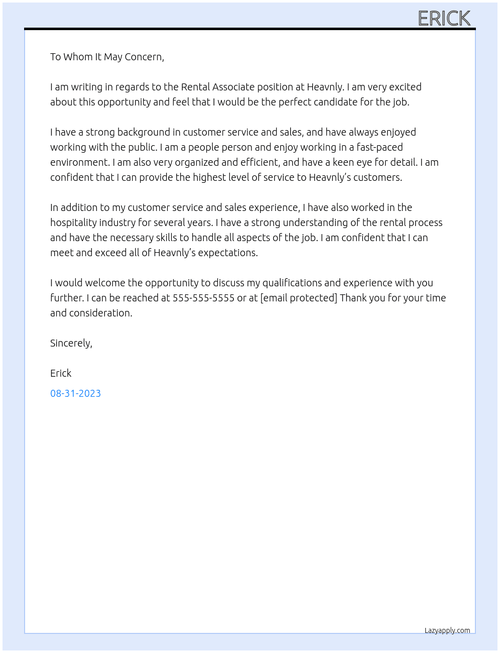 Rental Associate At Heavnly Cover Letter