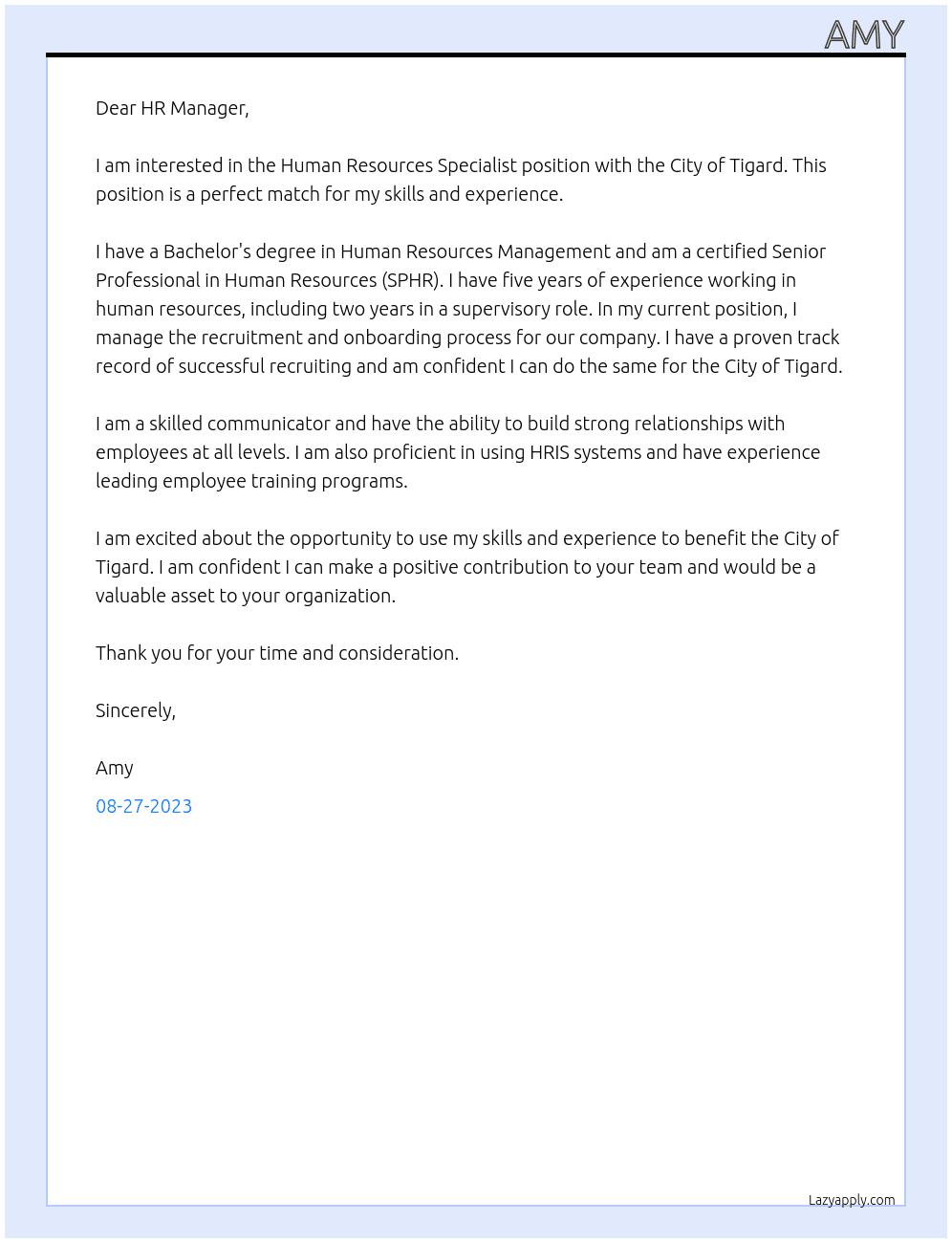 Human Resources Specialist At City of tigard Cover Letter