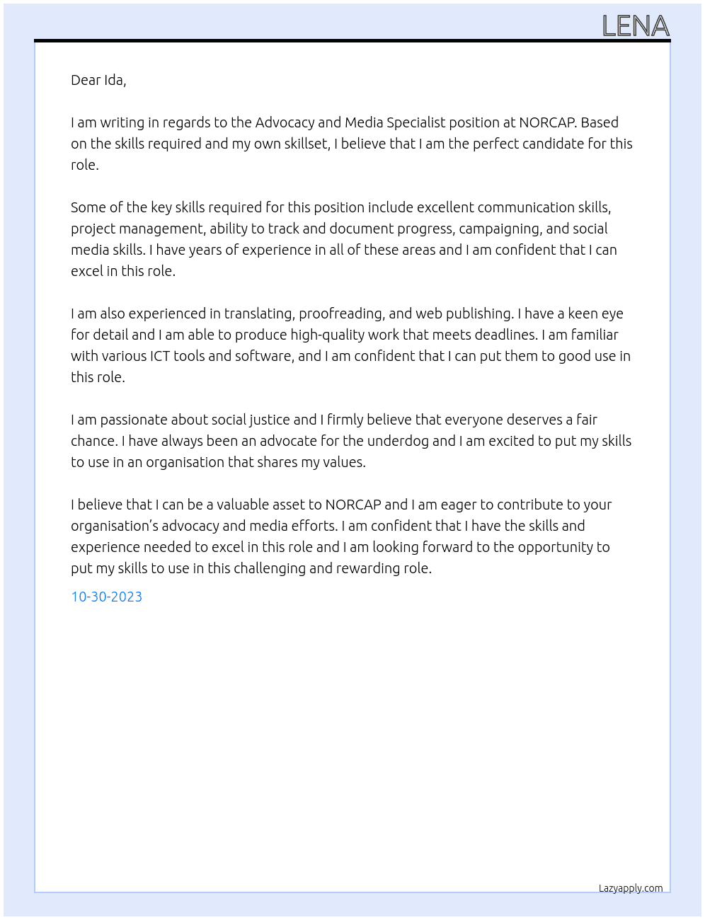 Advocacy and Media Specialist  At NORCAP Cover Letter