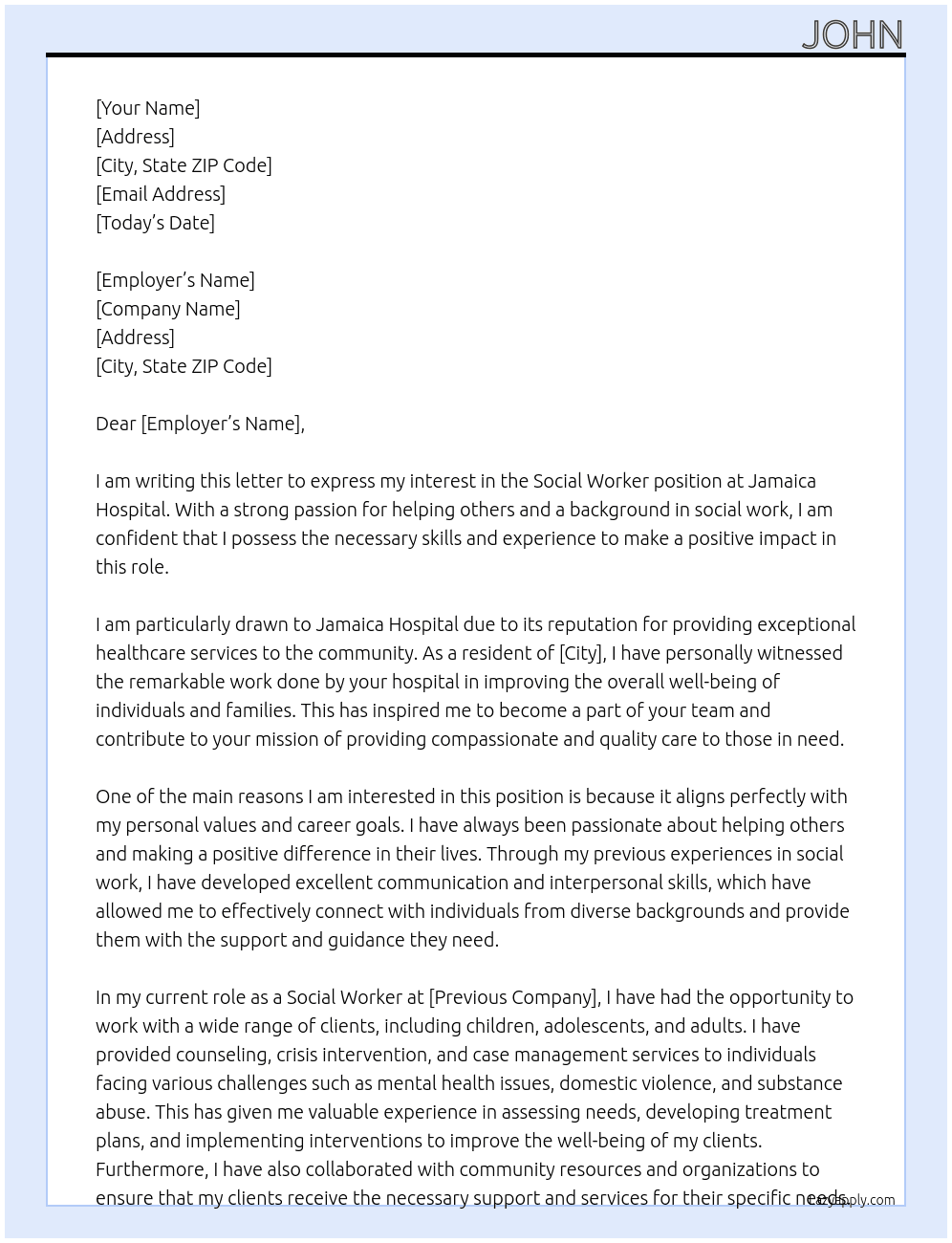 Social Worker At Jamaica Hospital  Cover Letter
