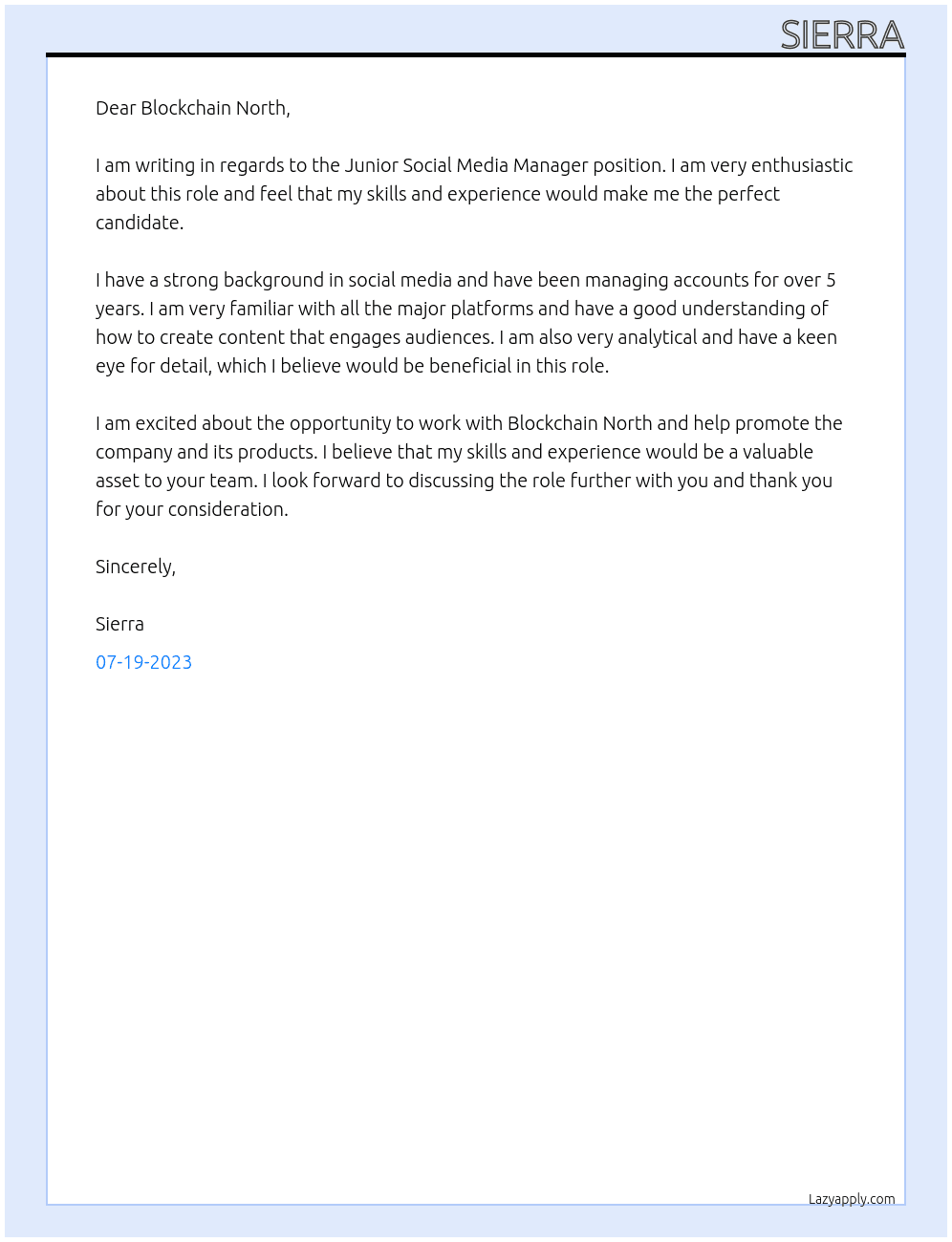 Junior Social Media Manager At Blockchain North Cover Letter
