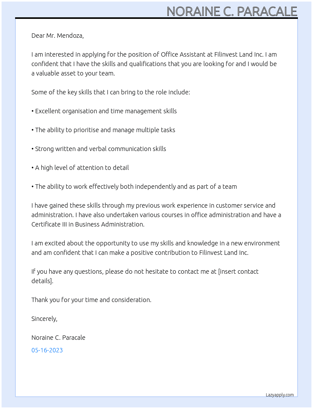 Office Assistant At Filinvest Land Inc. Cover Letter