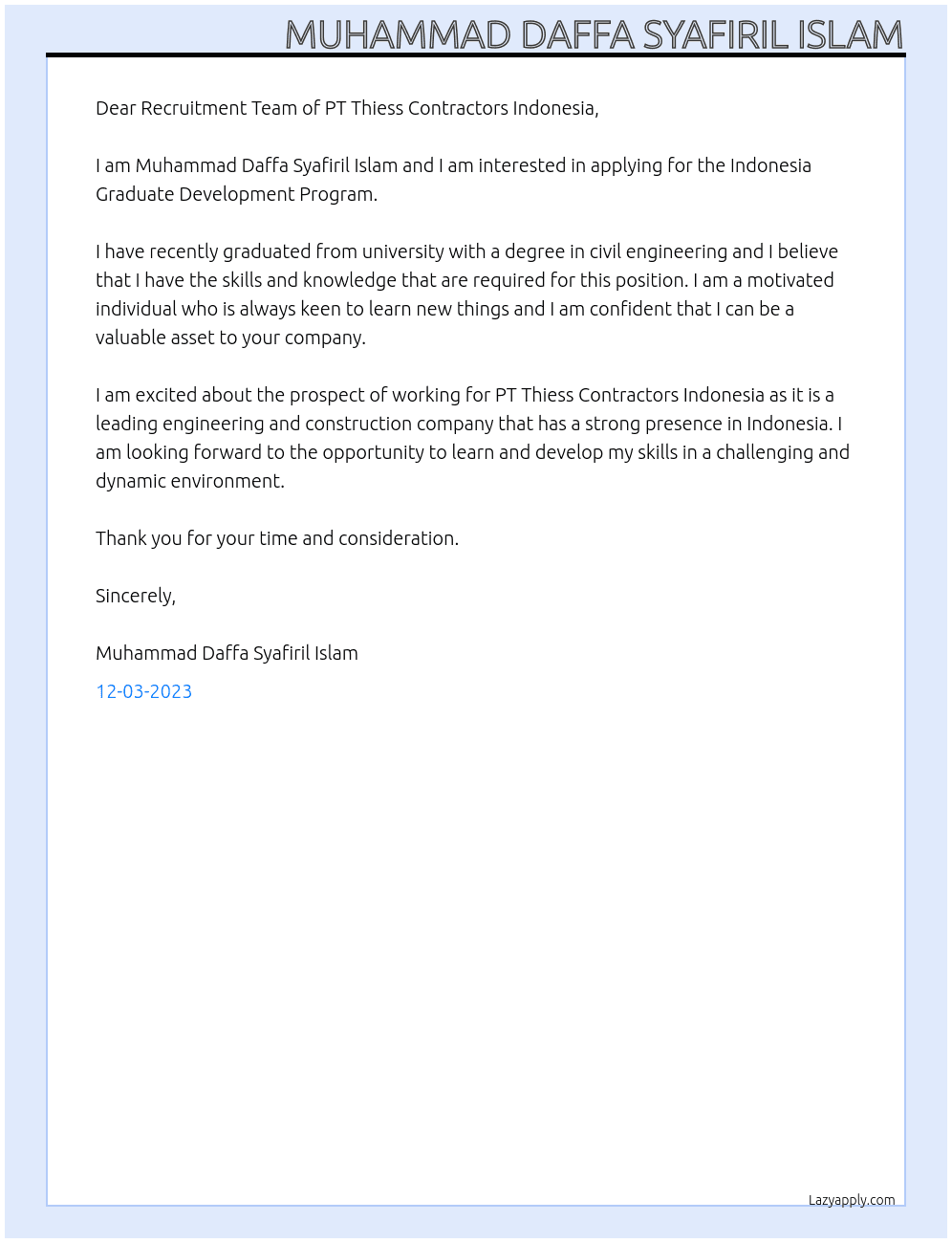 Indonesia Graduate Development Program At PT Thiess Contractors Indonesia Cover Letter