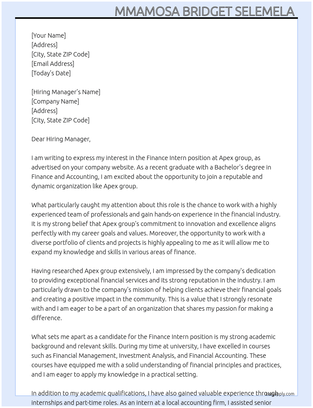 Finance Intern  At Apex group  Cover Letter