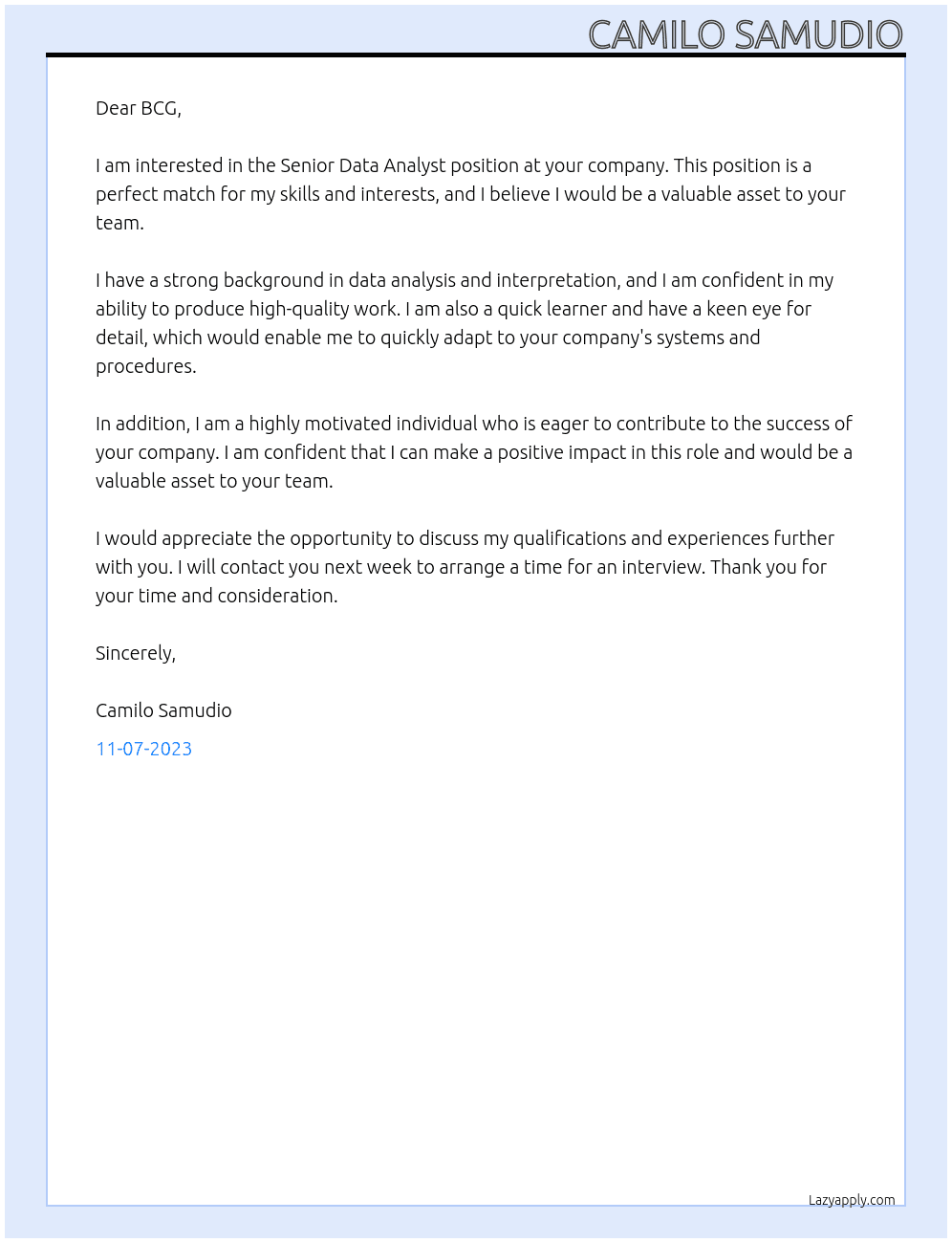 Senior Data Analyst At BCG Cover Letter