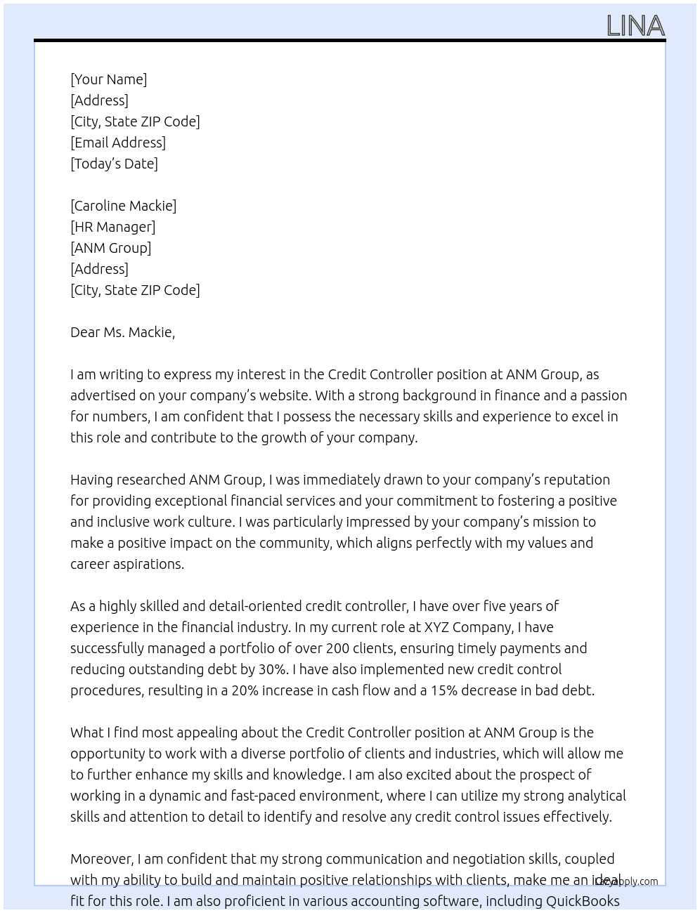 Credit controller At ANM Group Cover Letter