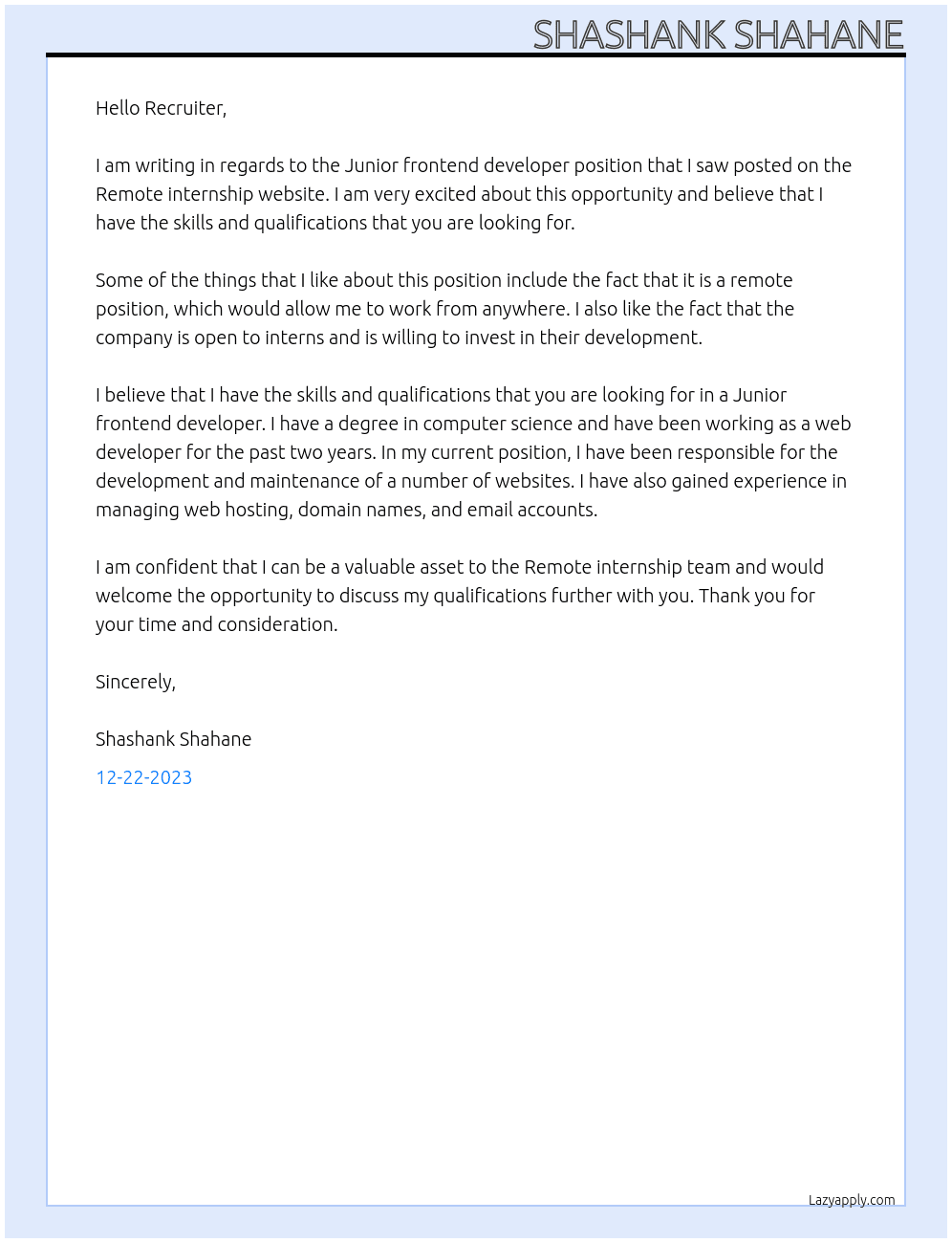 Junior frontend developer  At Remote internship  Cover Letter