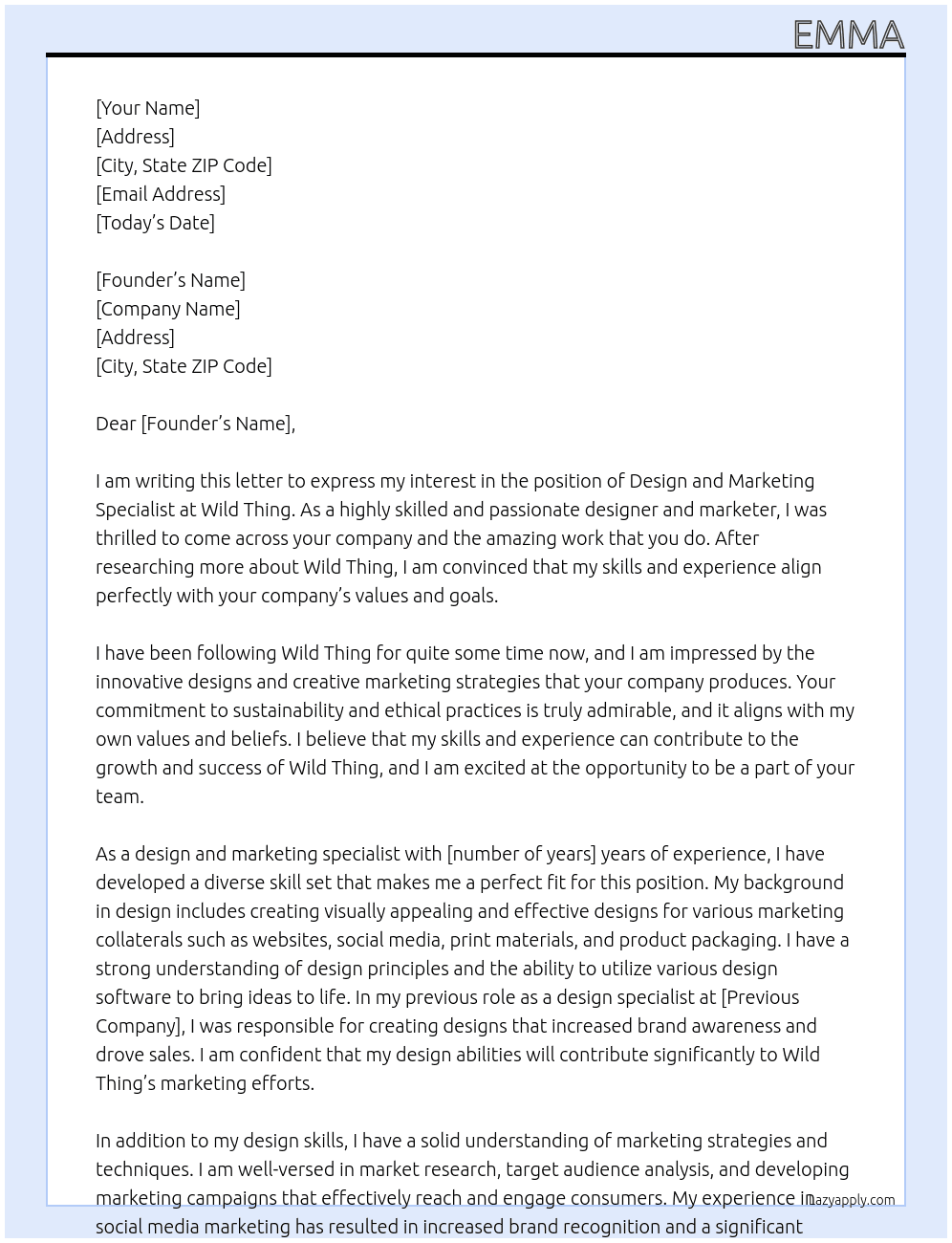 design and marketing specialst At Wild Thing Cover Letter