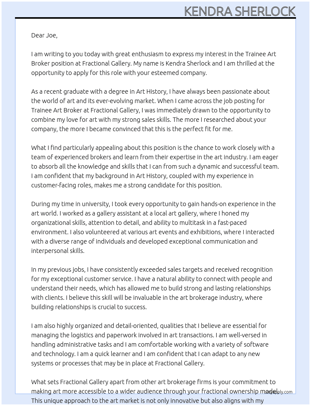Cover letter for trainee art broker - LazyApply