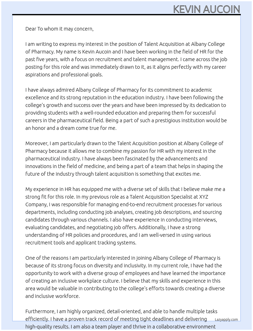 Talent Acquisition At Albany College of Pharmacy Cover Letter