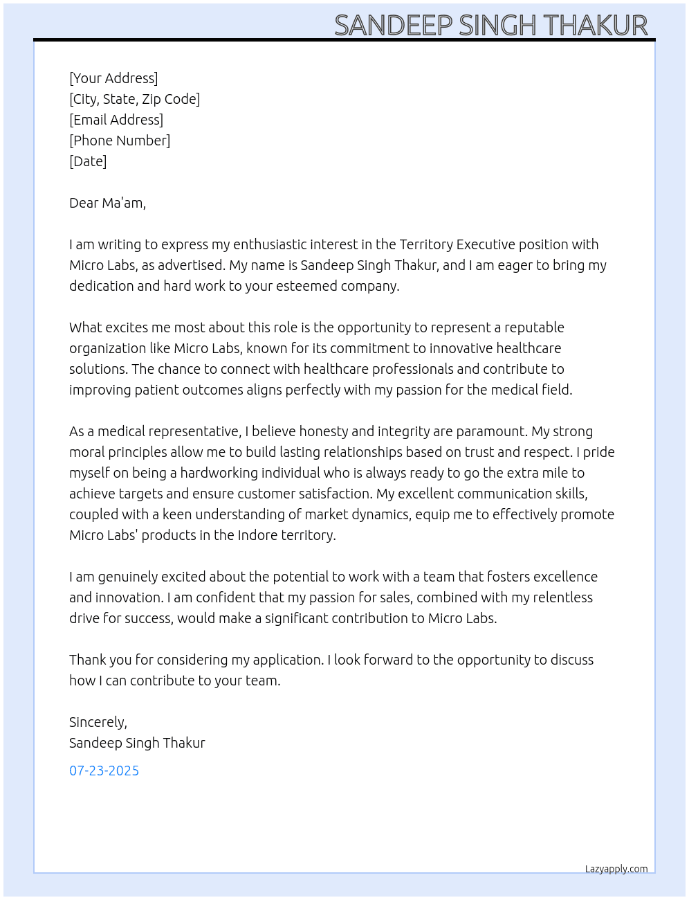 Cover letter for territory executive - LazyApply