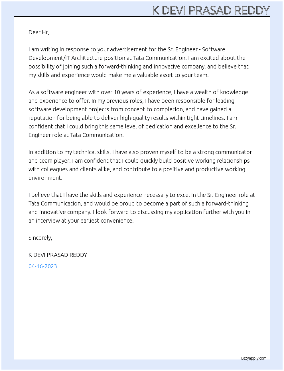 Sr. Engineer - Software Development/IT Architecture At TATA COMMUNICATIONhr Cover Letter