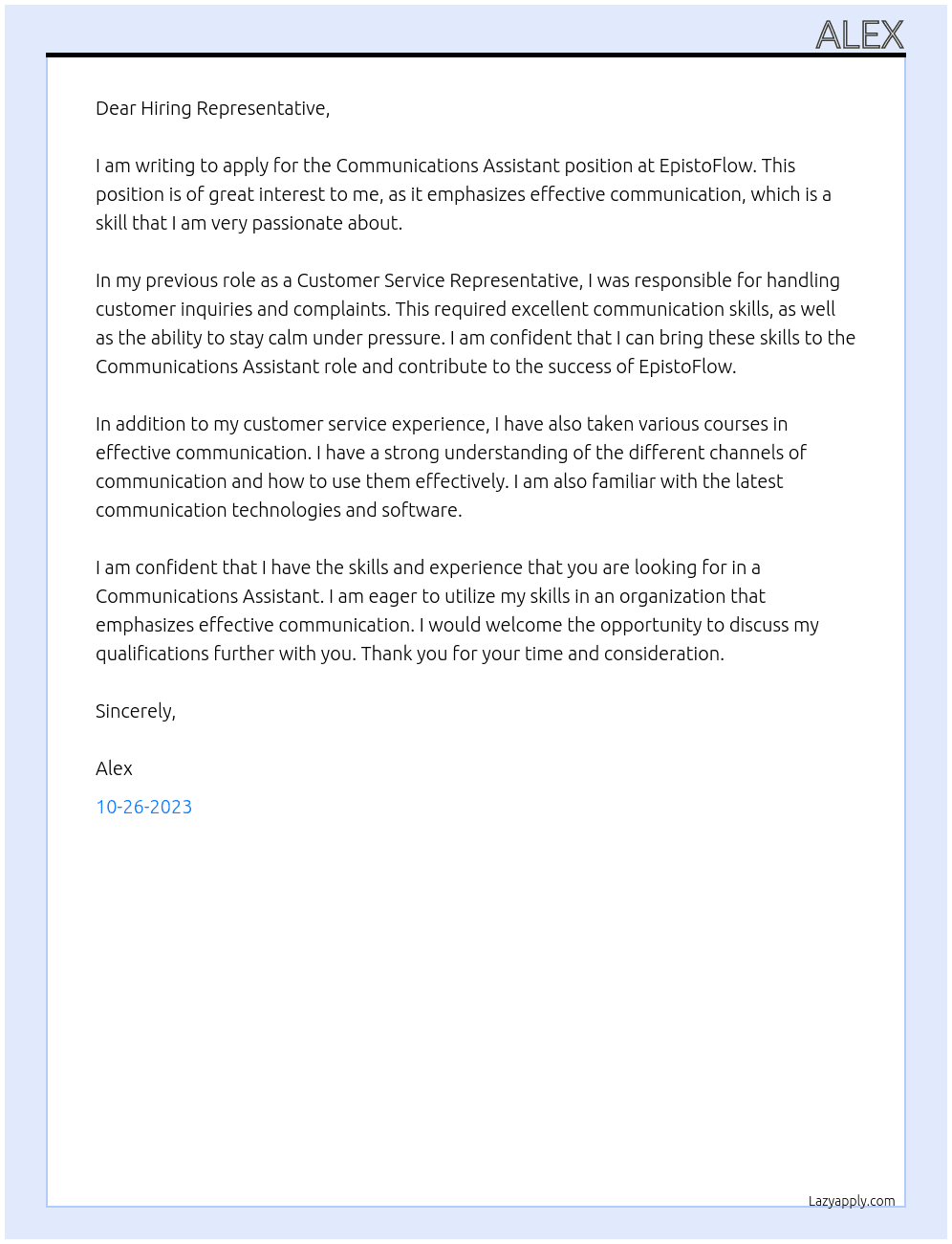 Communications Assistant At EpistoFlow Cover Letter