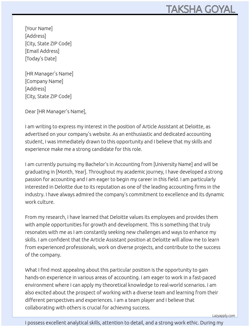 Article Assistant  At Deloitte  Cover Letter
