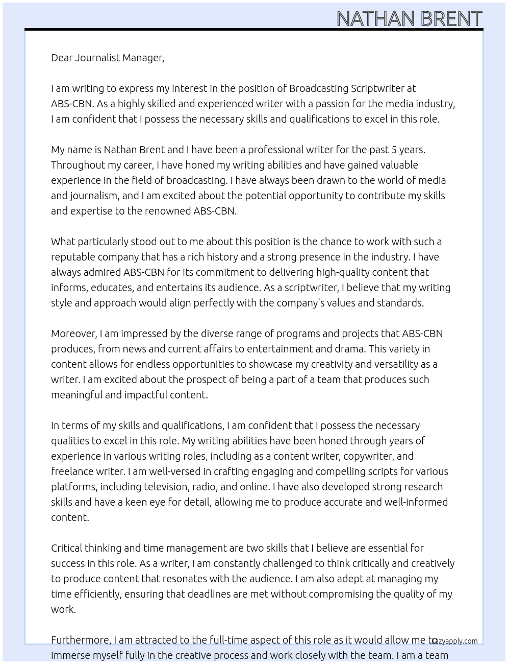 Broadcasting Scriptwriter  At ABS-CBN Cover Letter