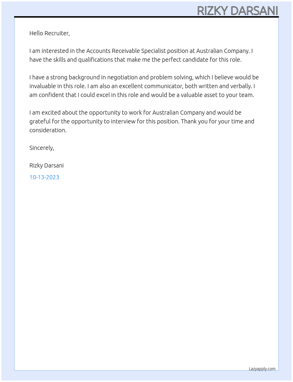 Accounts Receivable Specialists At Australian Company Cover Letter