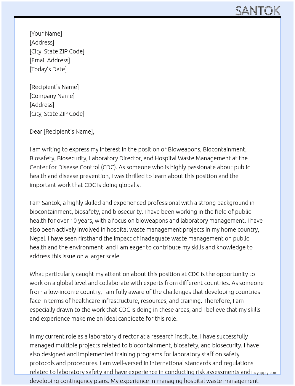 Bioweapons, biocontainment, biosafety, biosecurity, laboratory director, hospital waste management,  At requesting travel grants to travel USA from low income country, nepal  Cover Letter