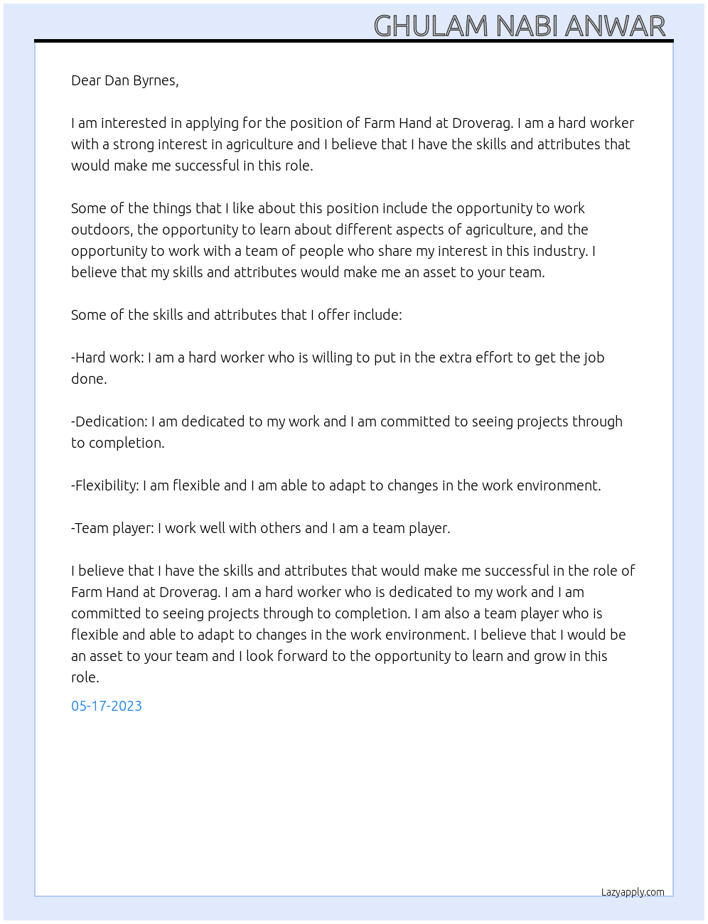 Farm Hand At Droverag Cover Letter