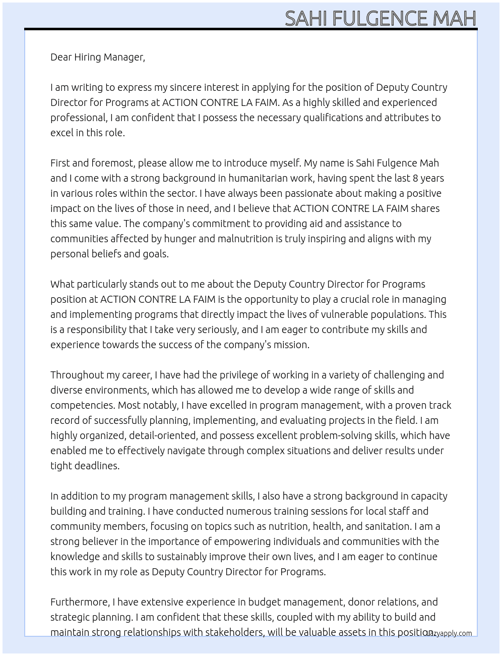 Deputy Country Director for ProgramS At ACTION CONTRE LA FAIM Cover Letter