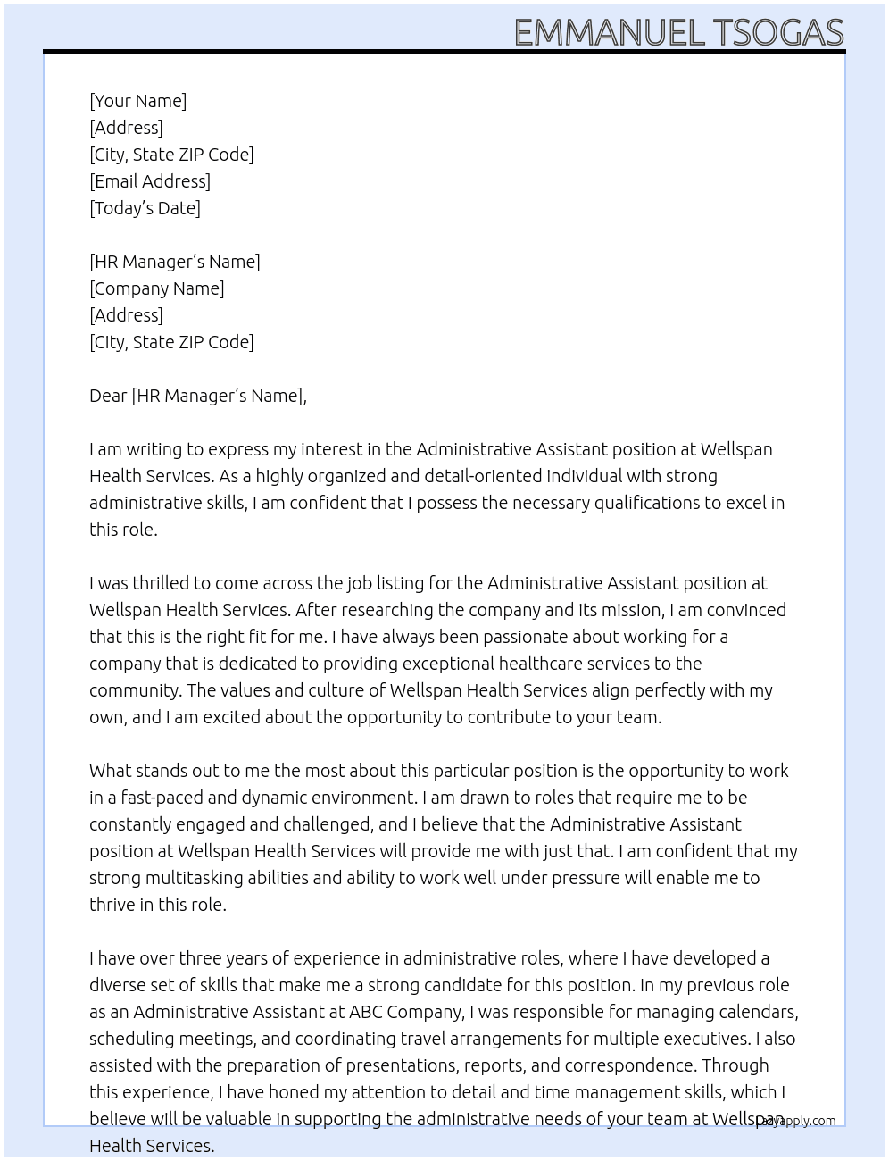 Administrative Assistant At Wellspan Health Services Cover Letter
