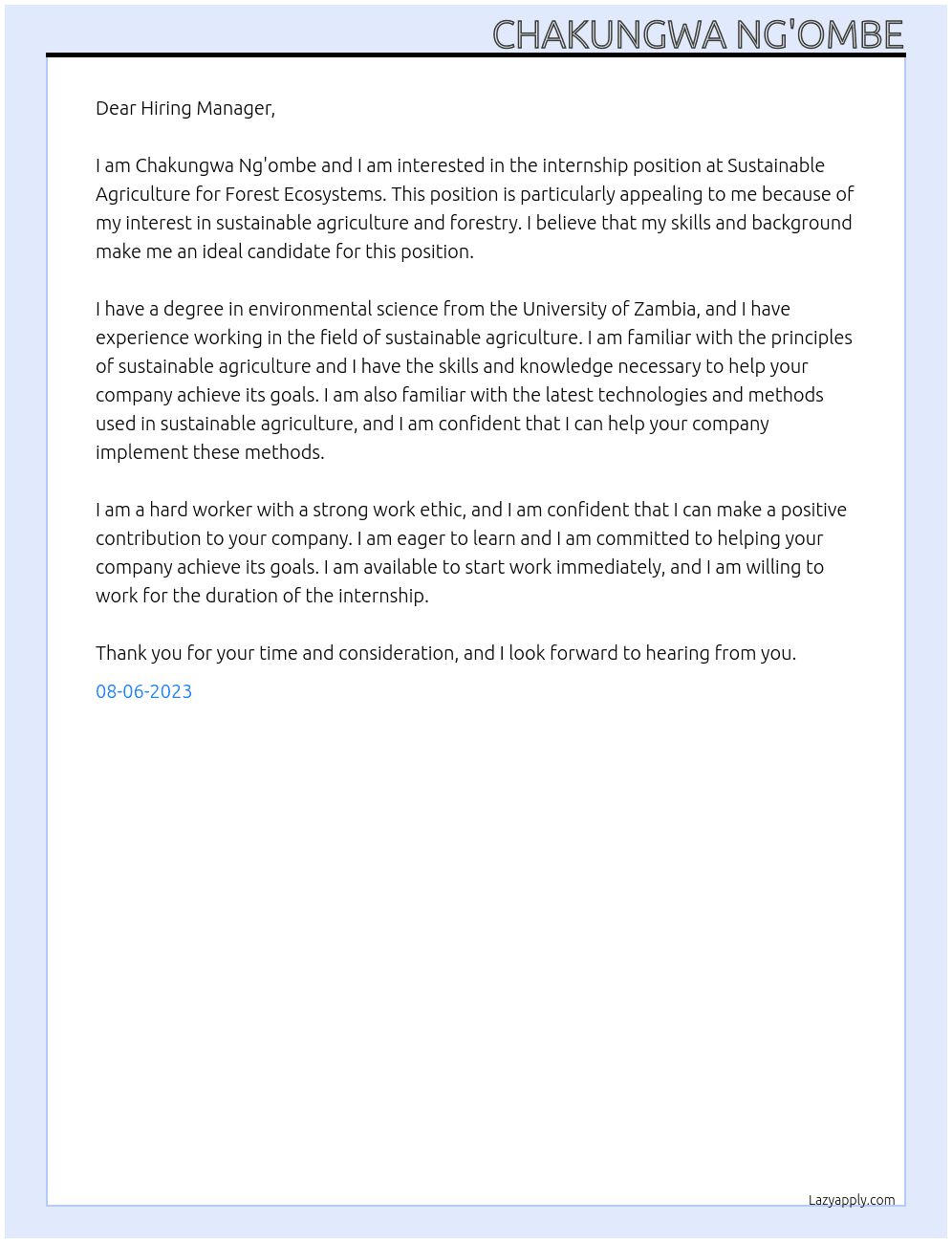 Internship At Sustainable Agriculture for Forest Ecosystems  Cover Letter