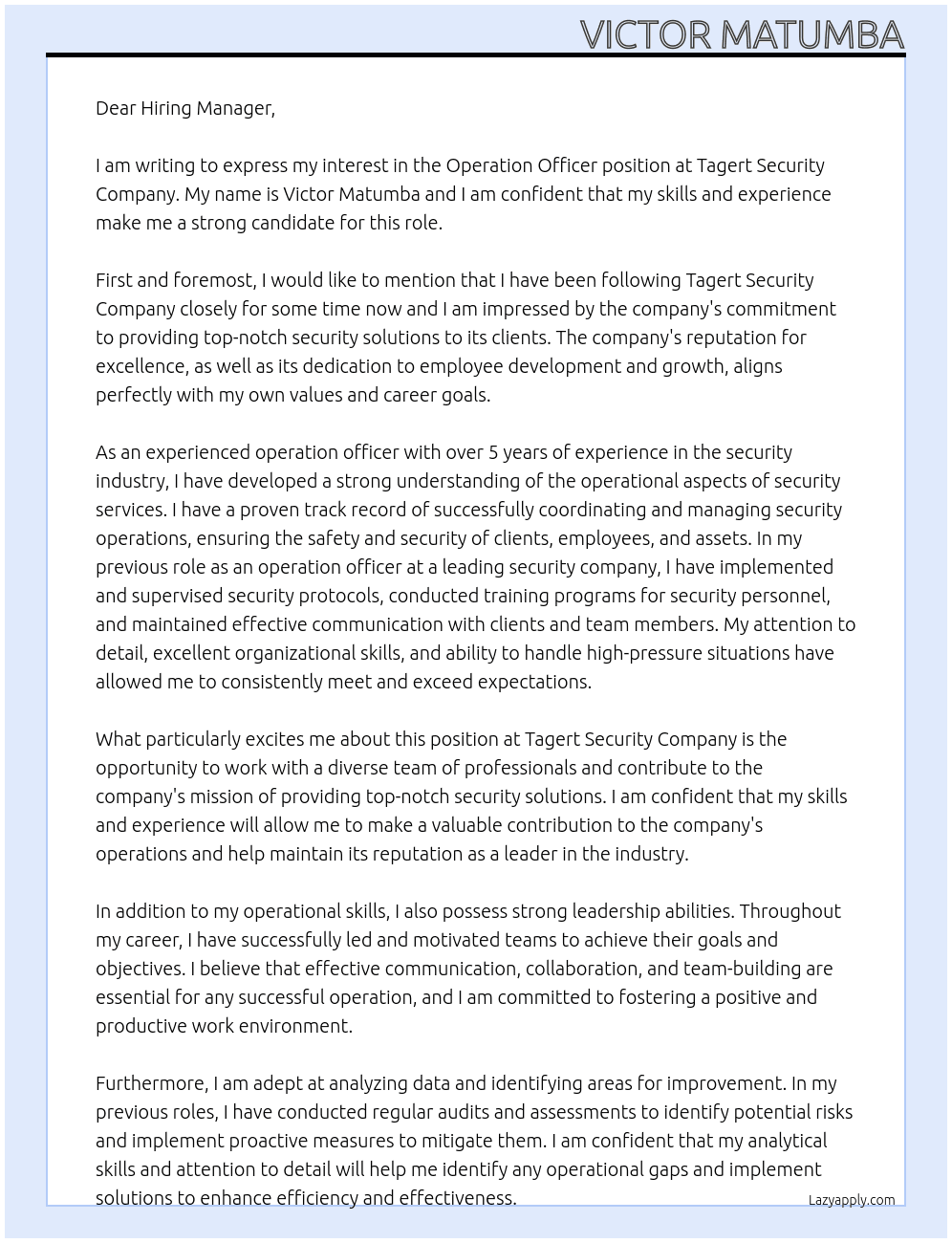 operation officer At Tagert Security Comapny Cover Letter