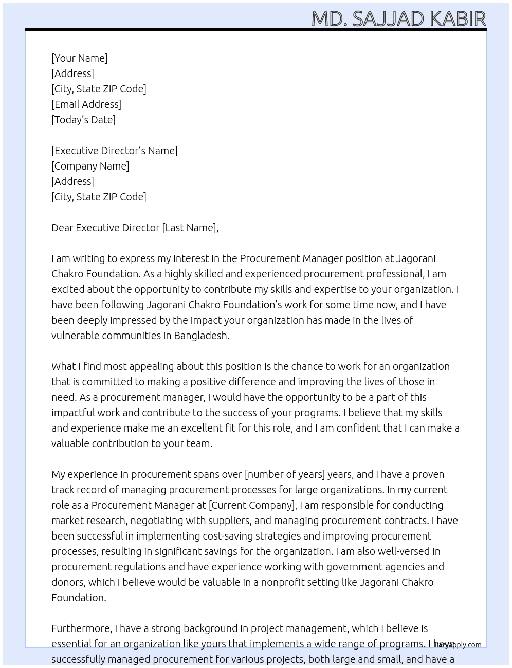 Procurement manager  At Jagorani chakro Foundation  Cover Letter