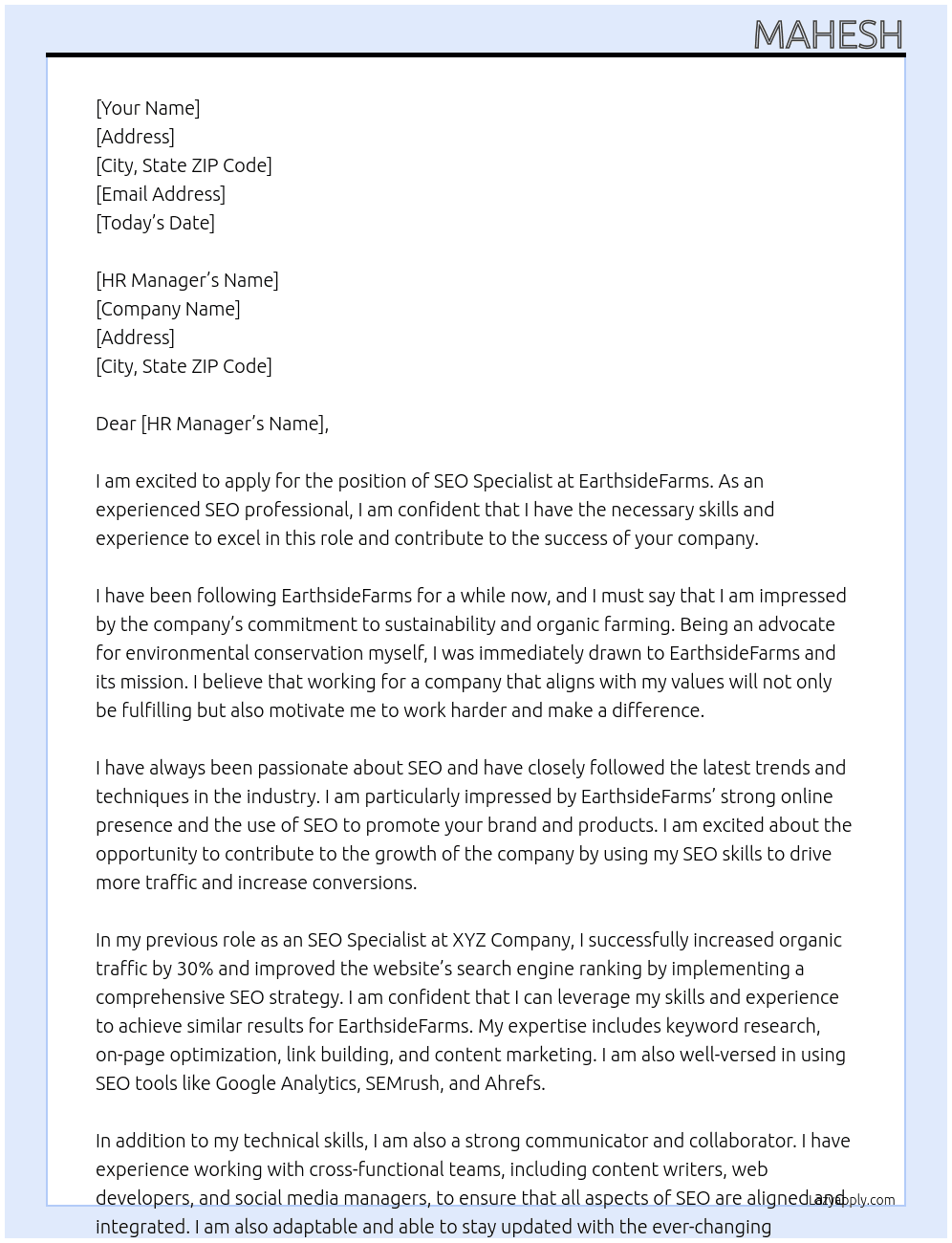 SEO Specialist At EarthsideFarms Cover Letter