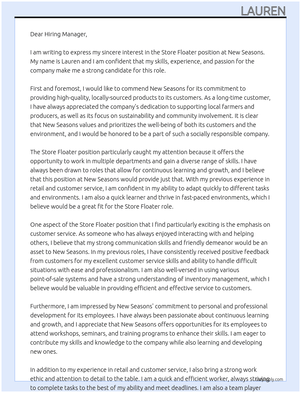 Store FLoater At New Seasons Cover Letter