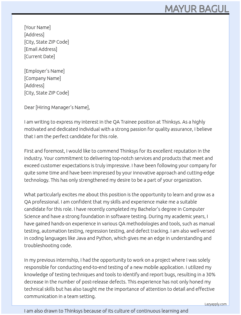 QA Trainee  At Thinksys Cover Letter