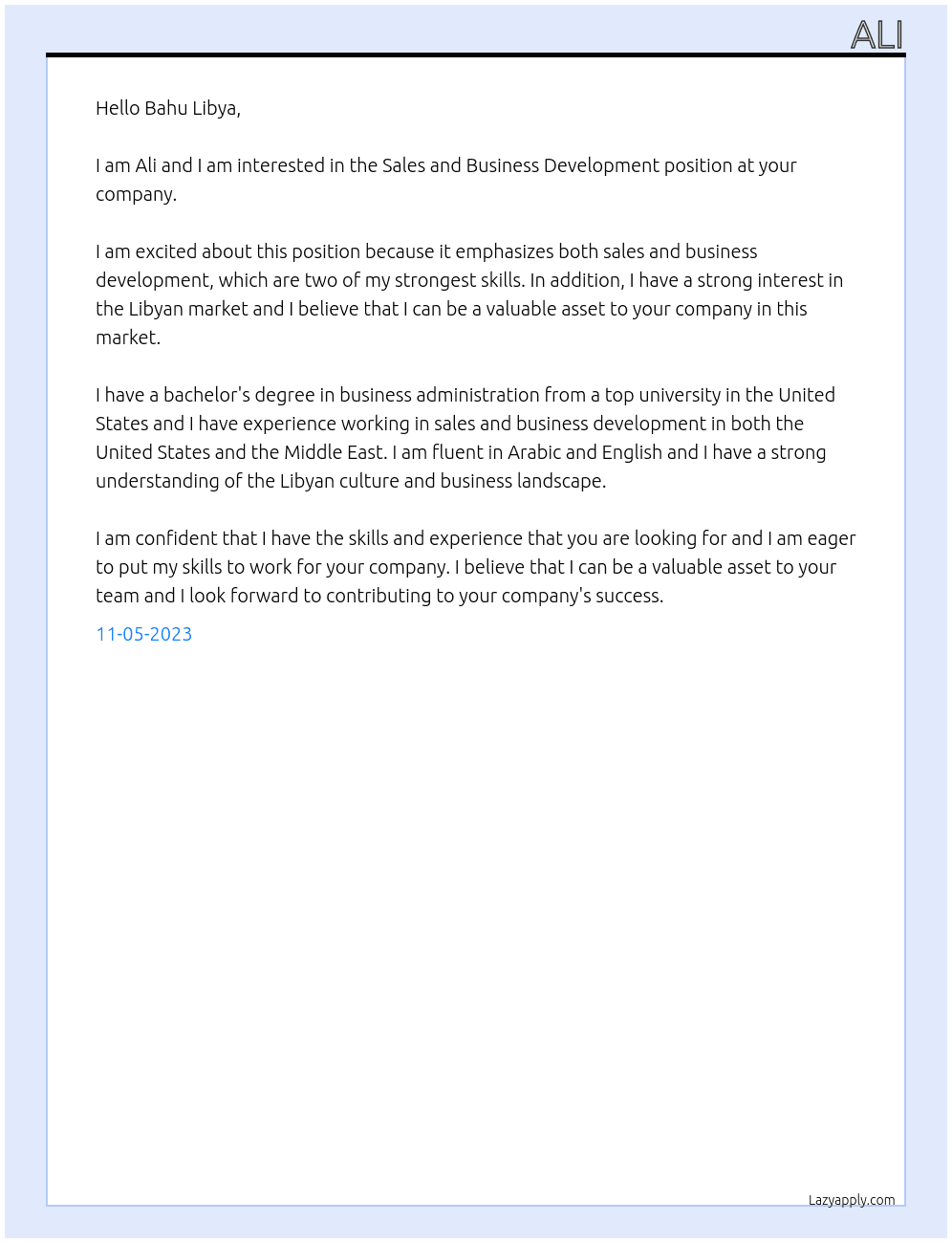 Sales and business development  At Bahu Libya  Cover Letter
