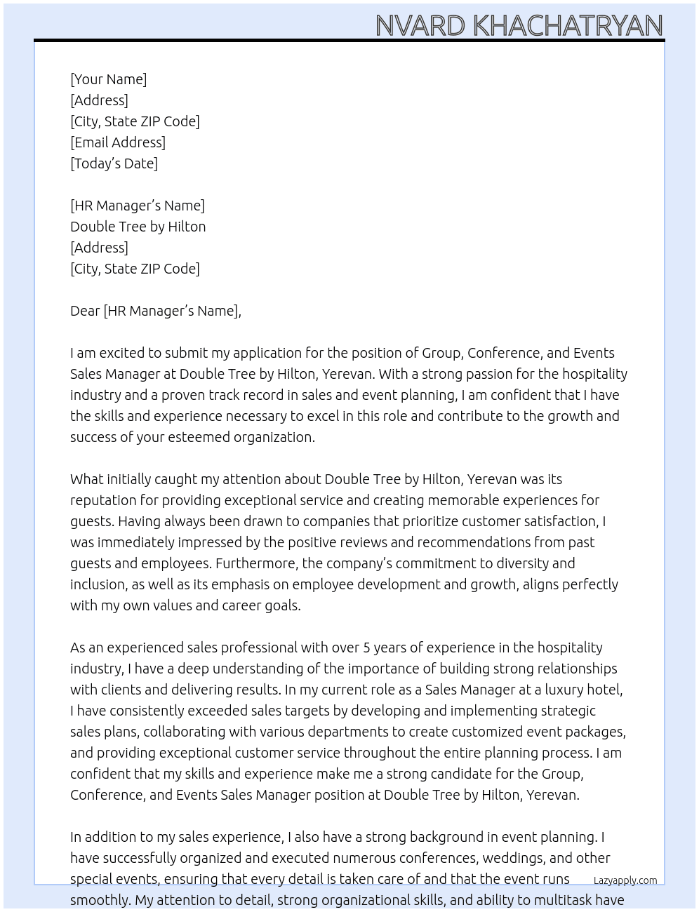 Group, conference and events sales manager At Double Tree by Hilton, Yerevan Cover Letter