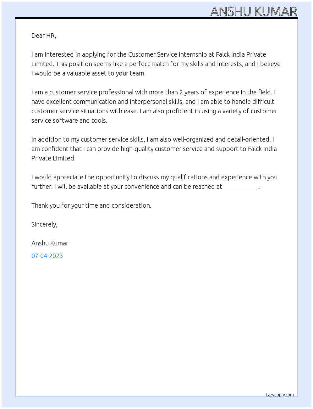 Customer Service internship At Falck India Private Limited Cover Letter
