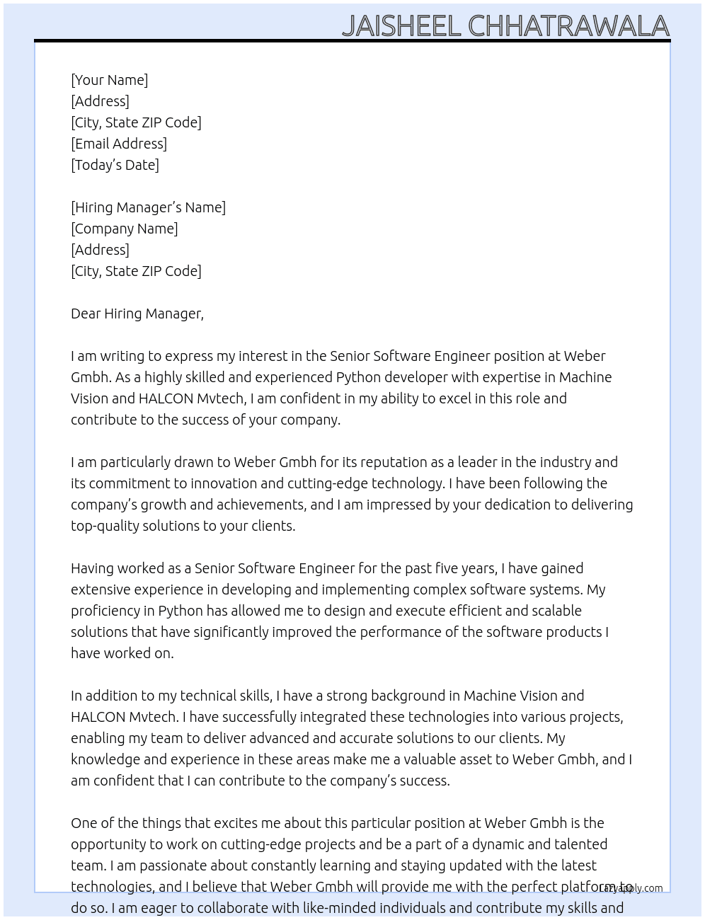 Senior Software Engineer At Weber Gmbh Cover Letter