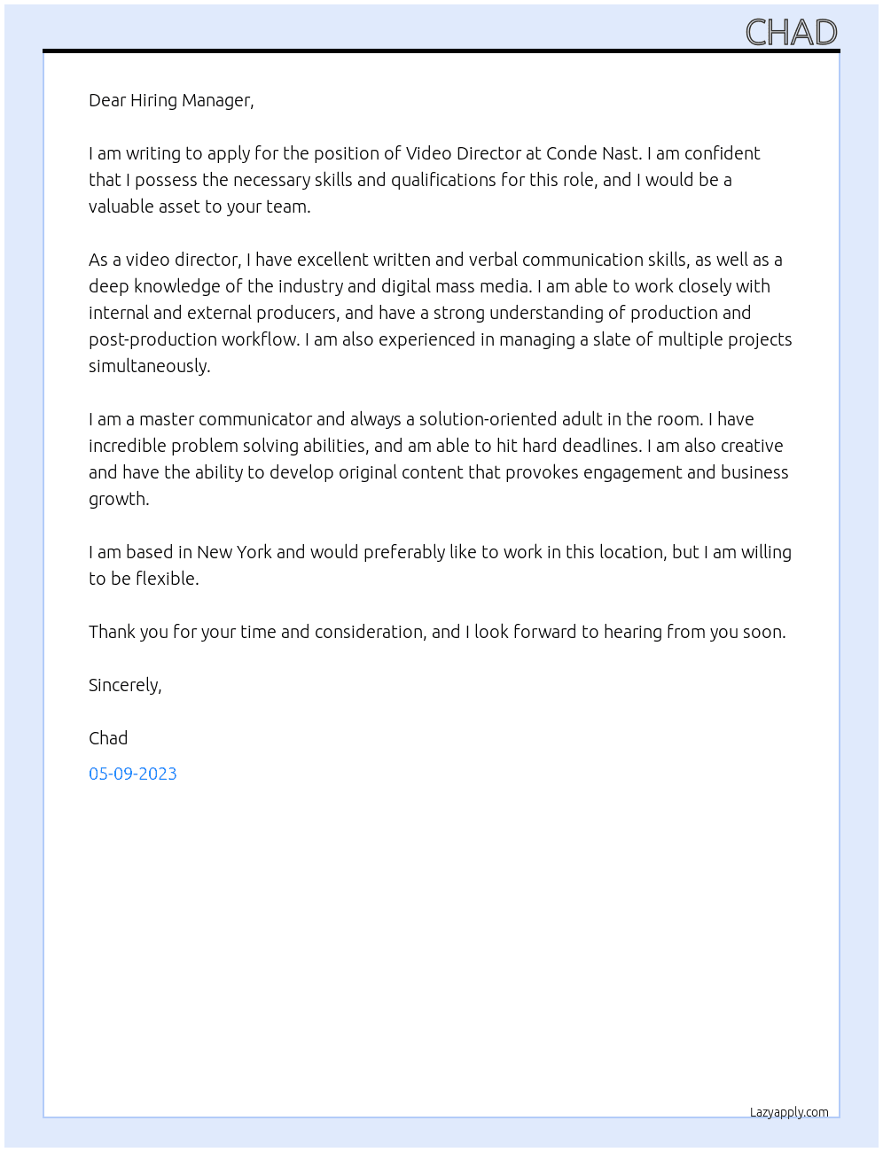 Video Director At Conde Nast Cover Letter