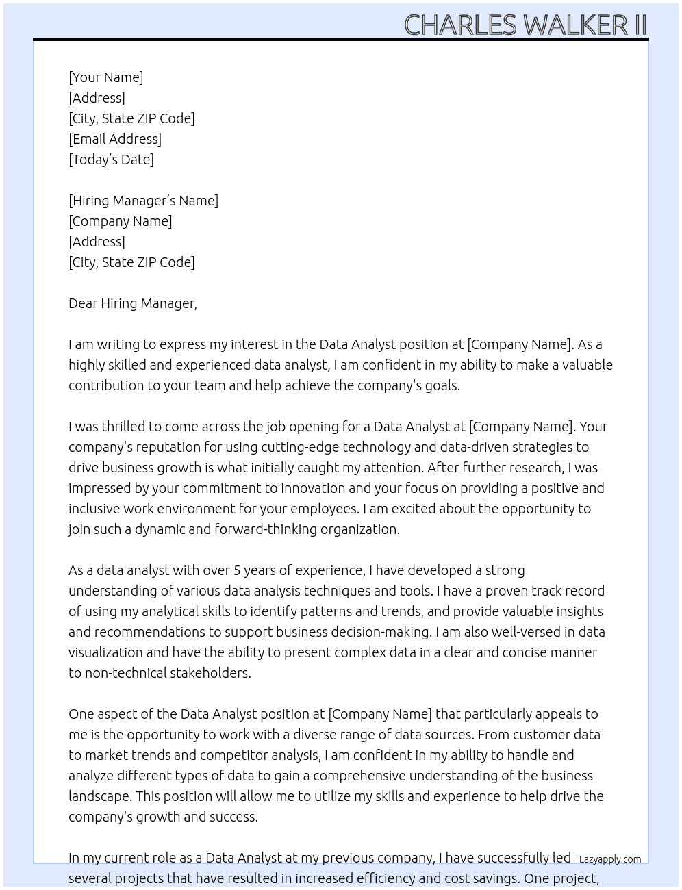 Data Analsyt At Employer Cover Letter