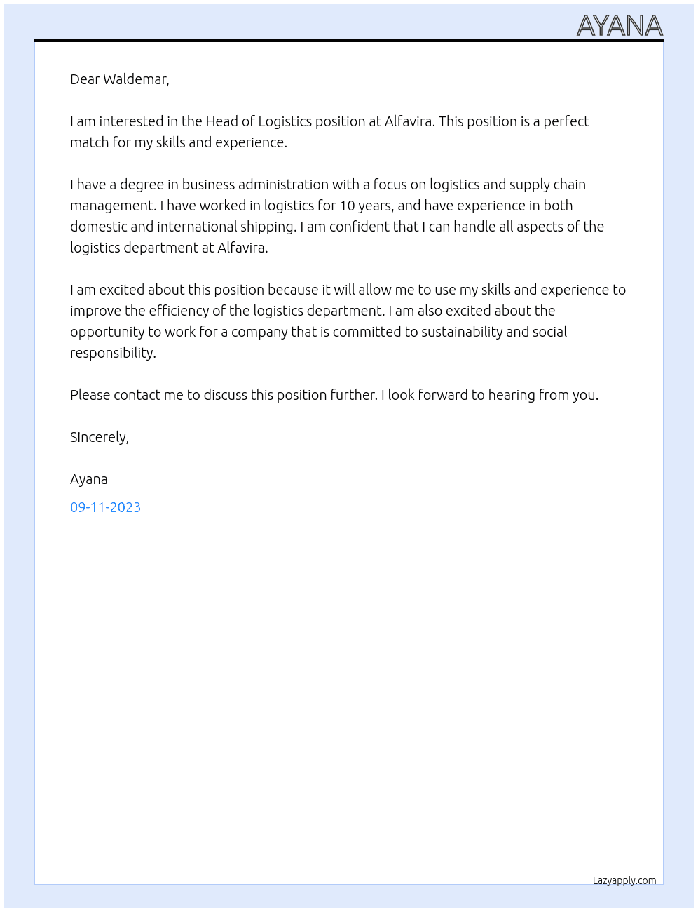 Head of Logistics At Alfavira Cover Letter