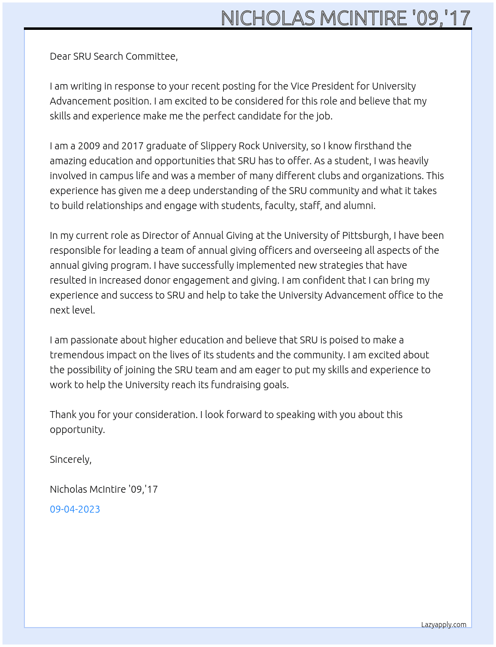 Vice President for University Advancement At Slippery Rock University Cover Letter