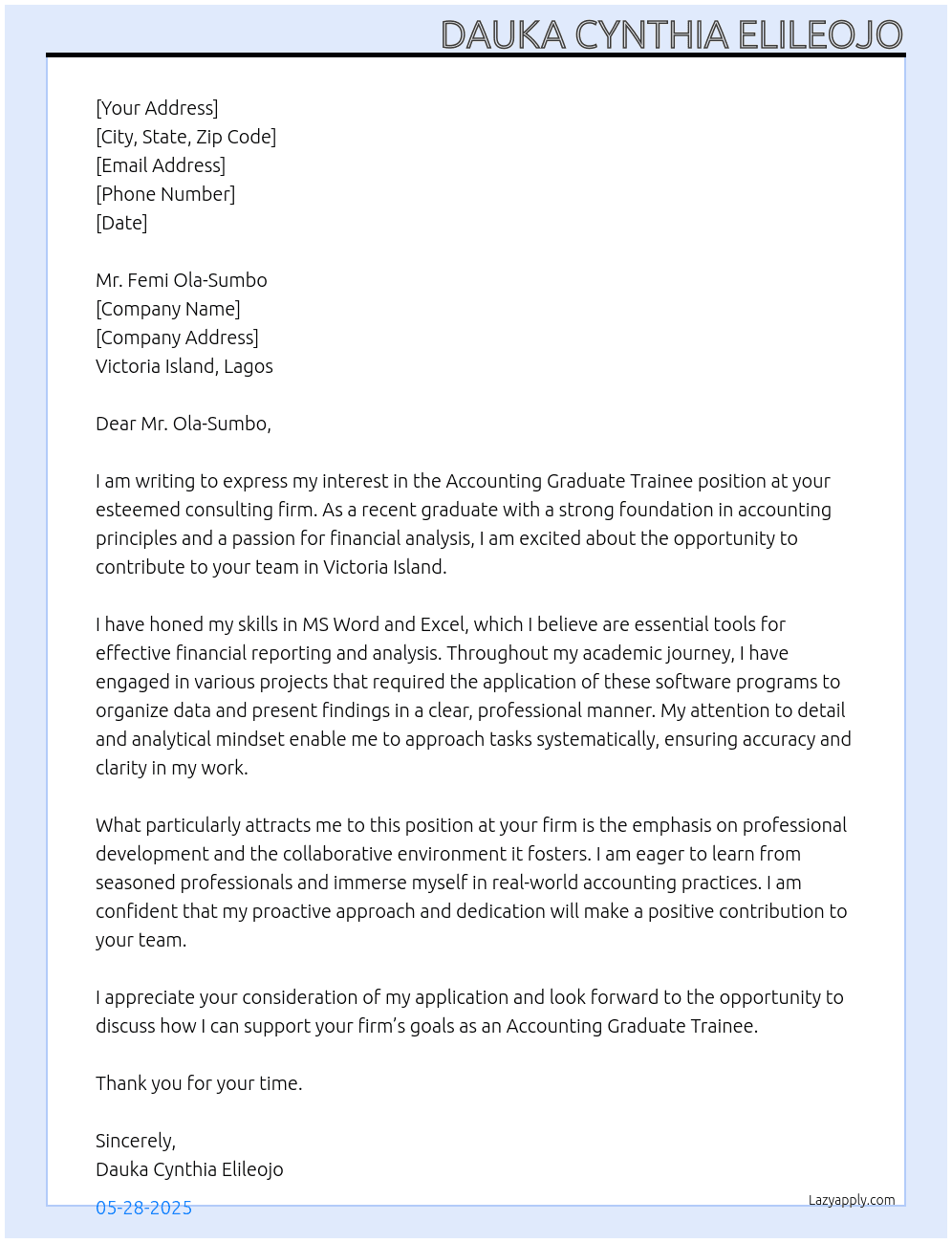 Accounting graduate trainee At consulting firm Cover Letter