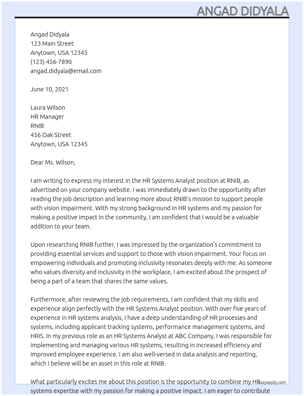HR Systems Analyst At RNIB Cover Letter