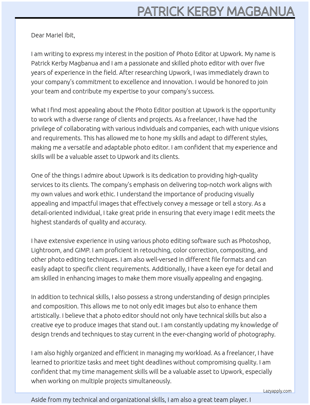 Photo editor At Upwork Cover Letter