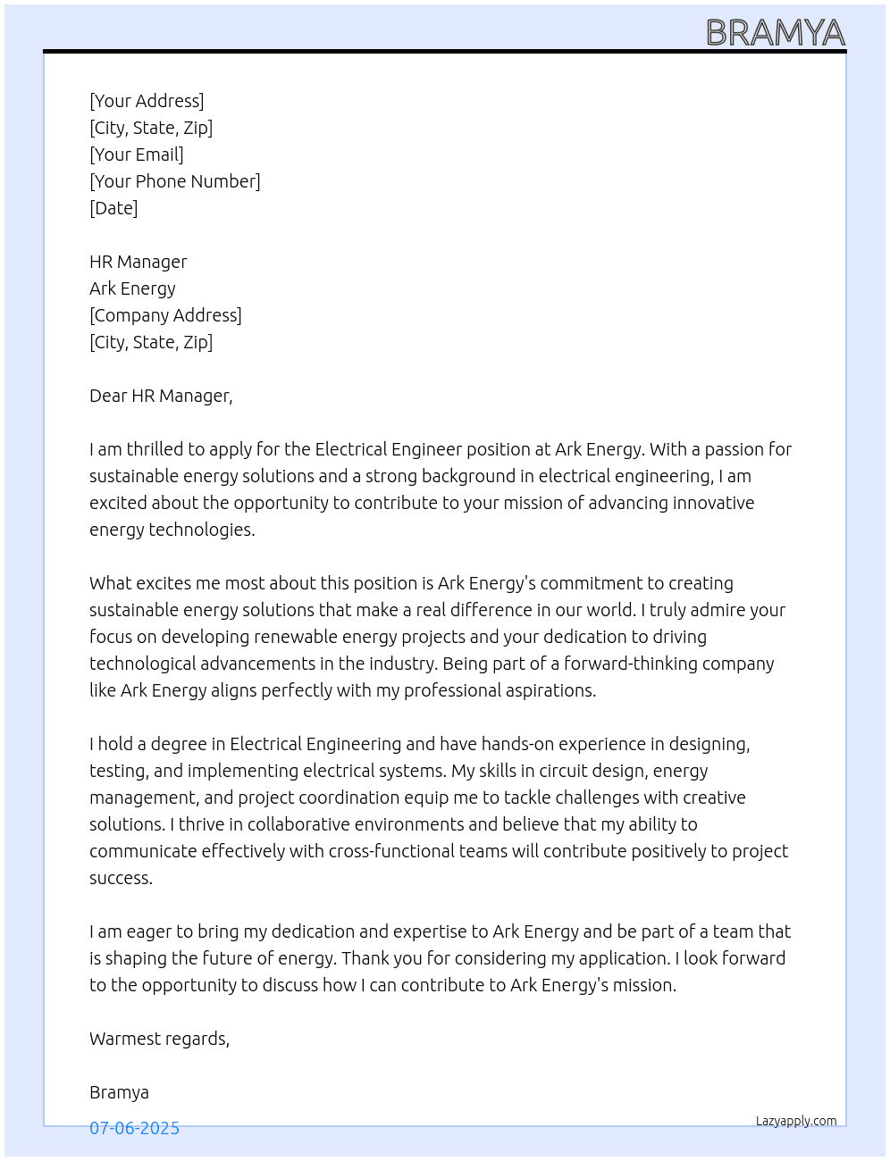 Electrical engineer At Ark Energy Cover Letter