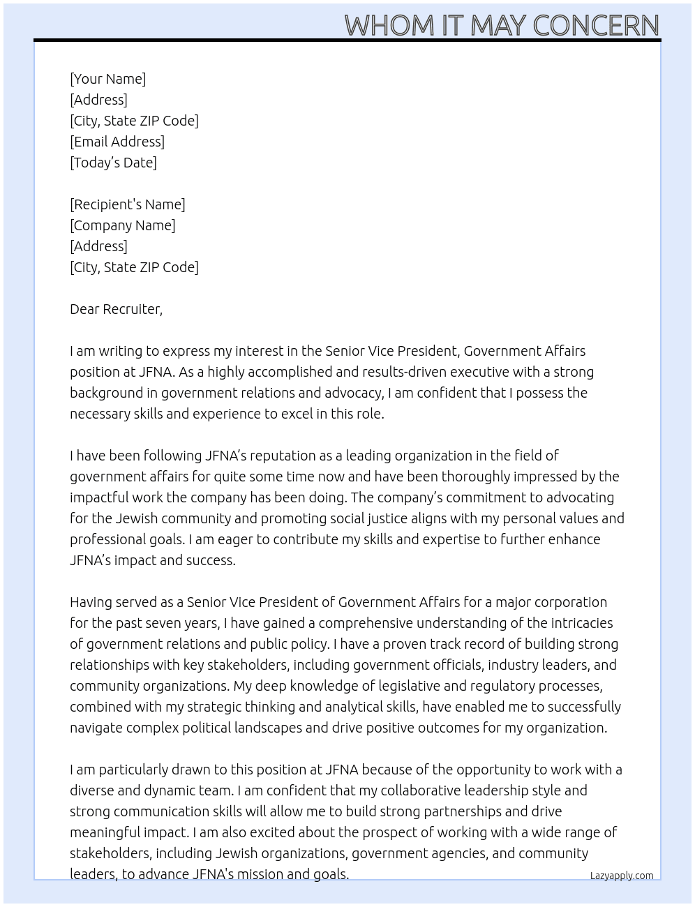 Senior Vice President , Government Affairs At JFNA Cover Letter