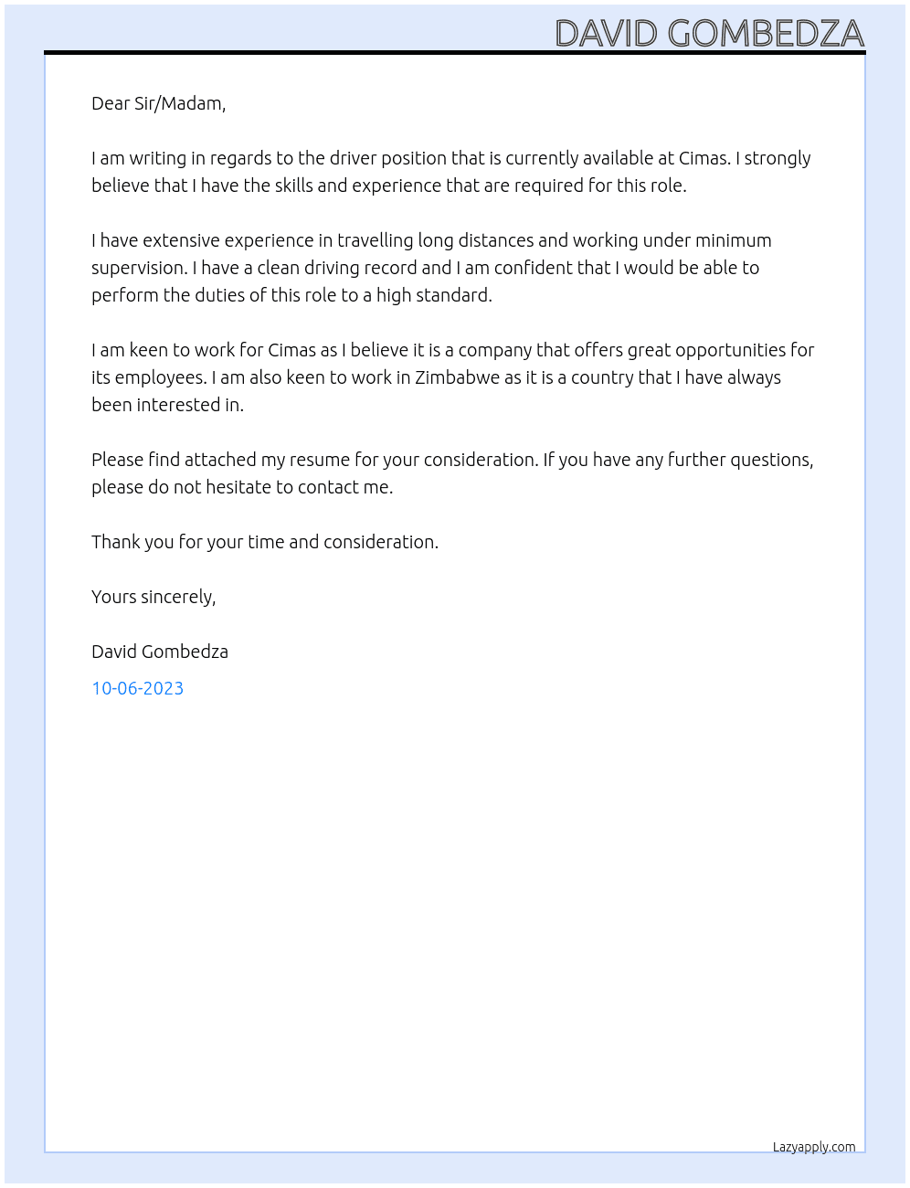 Driver At Cimas Cover Letter