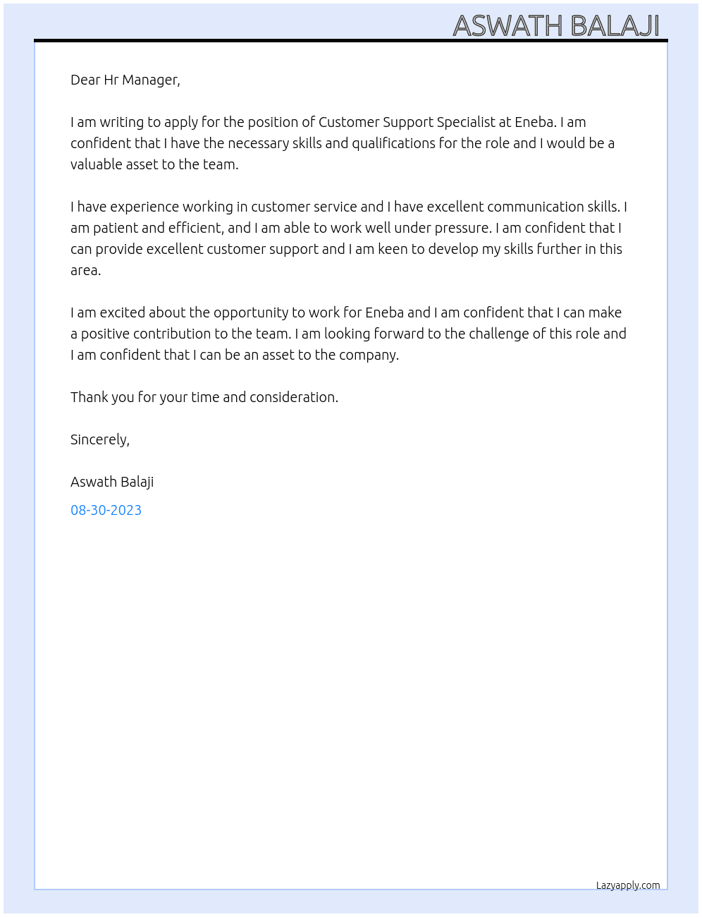 Customer support specialist  At Eneba Cover Letter