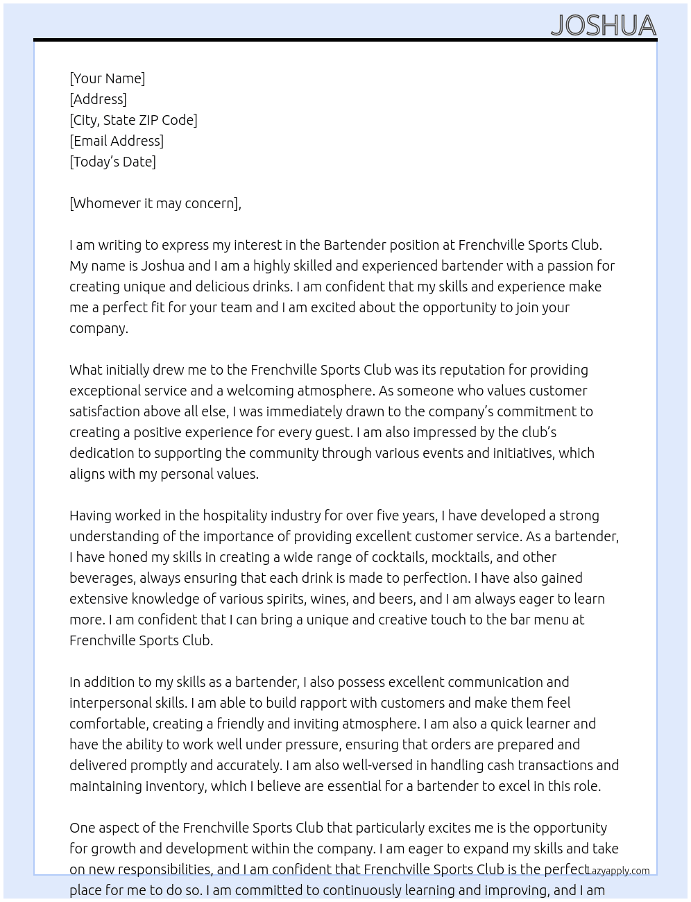 Bartender At Frenchville Sports clun Cover Letter