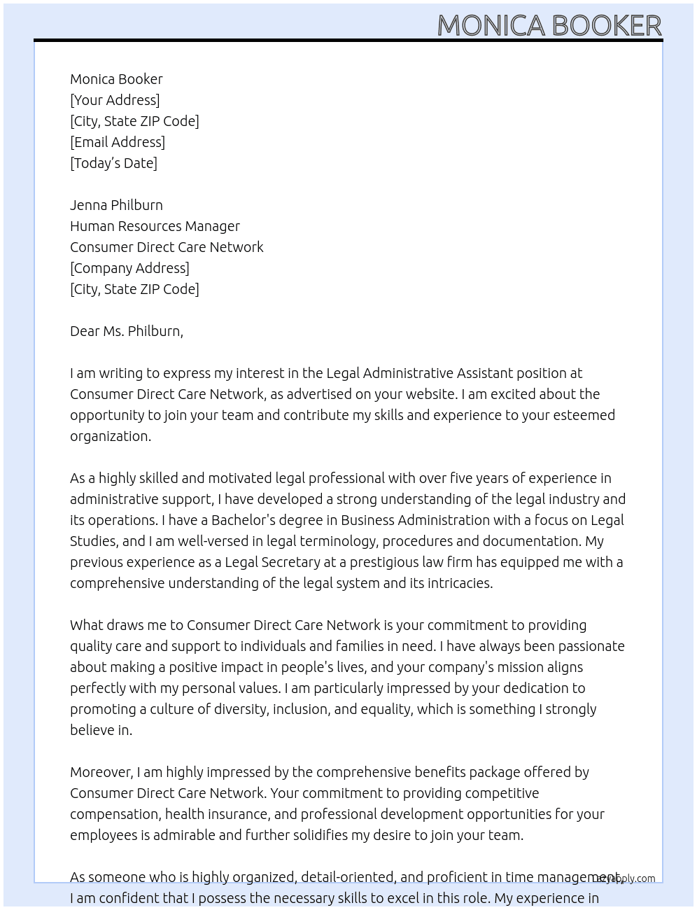 Legal Administrative Assistant At Consumer Direct Care Network Cover Letter